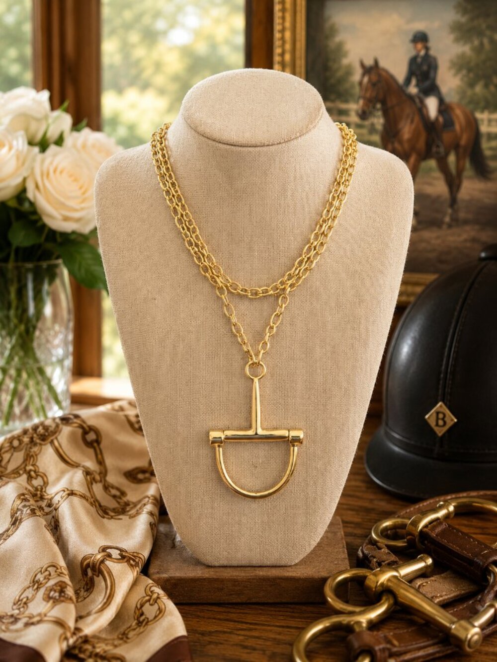 Gold Equestrian Statement Necklace, Layered Chain Horse Bit Pendant, Horse Lover